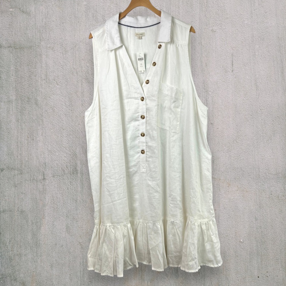 NWT Pilcro Anthropologie White 100% Linen Ruffle Hem Dress Size 3X Pockets Beach